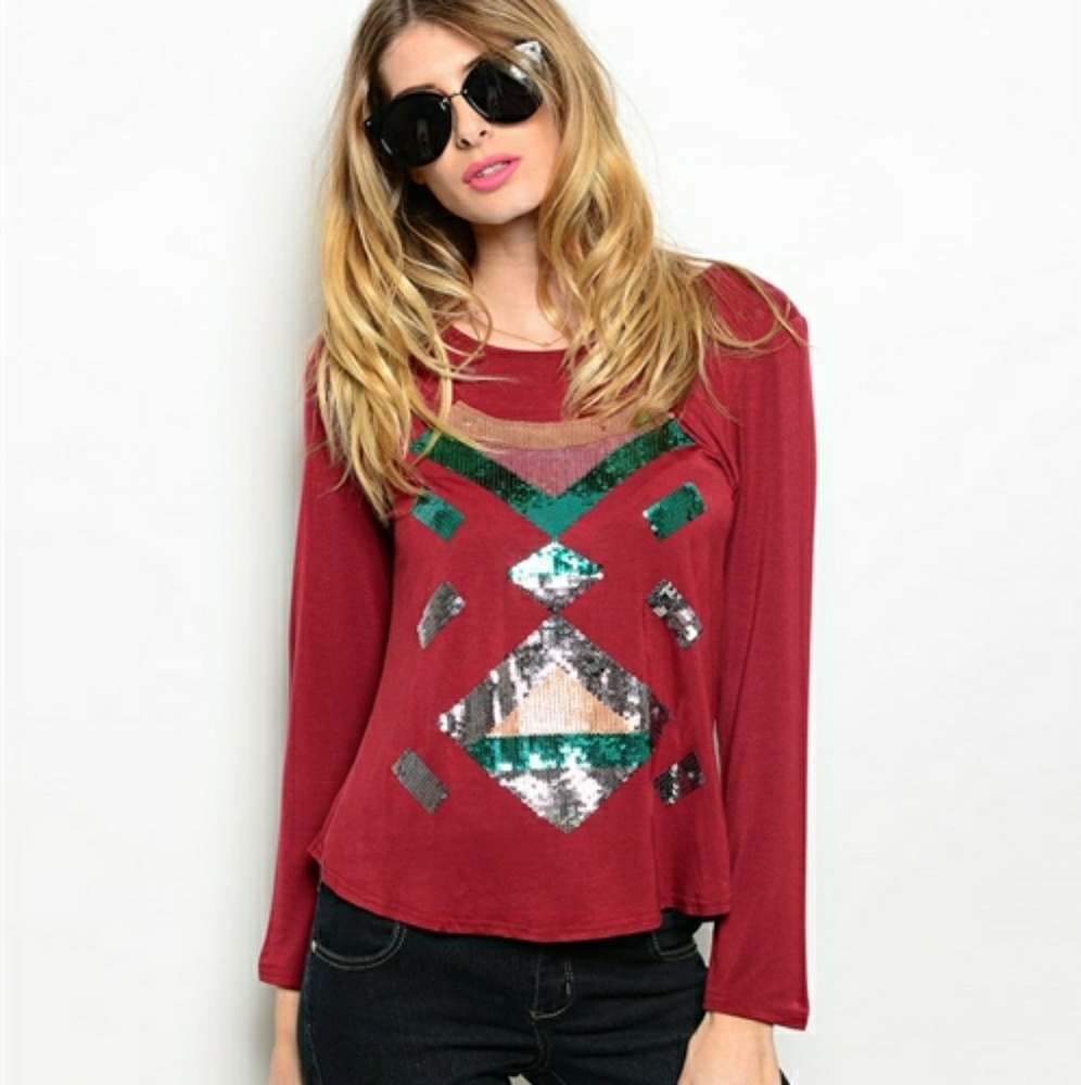 Burgundy Sequin Long Sleeve Top
